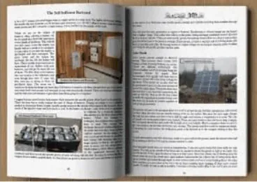 Inside pages of the self sufficient backyard book showing solar panels and a battery bank